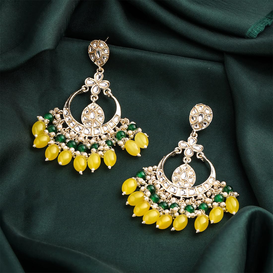 Yellow Chimes Earrings for Women Gold Toned Kundan Studded Green and Pink Beads Drop Chandbali Earrings for Women and Girls