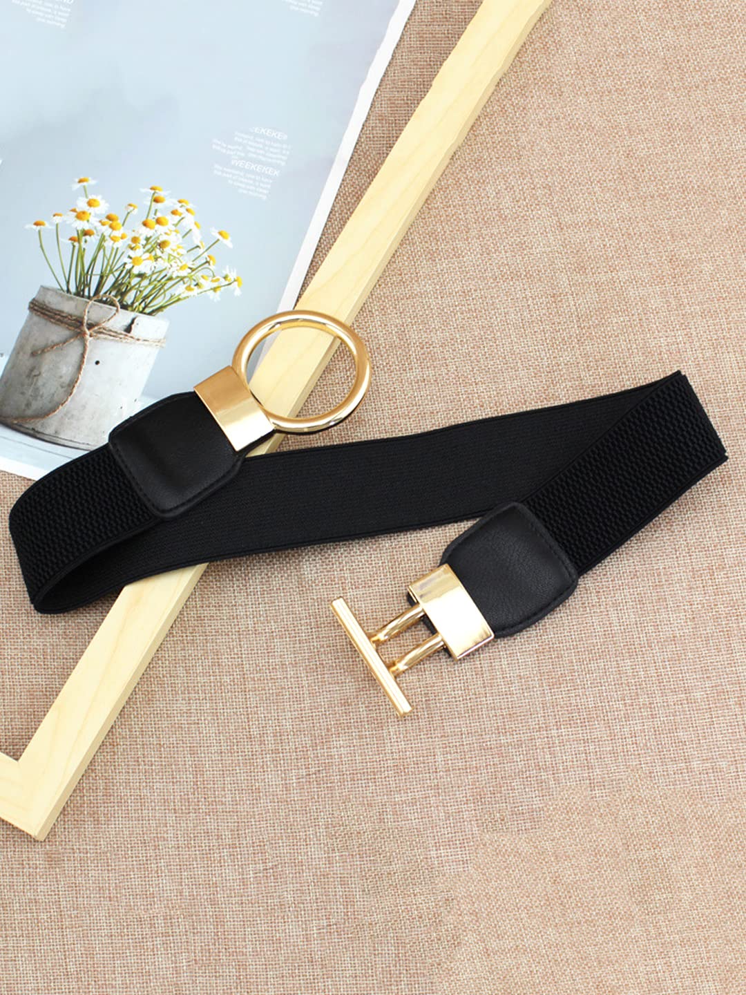 Yellow Chimes Waist Belt for Women Kamarband Black Retro Elastic Stretchy Metal Buckle Kamarband Waist Belt for Women and Girls