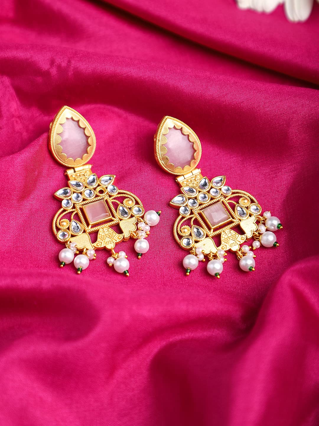 Yellow Chimes Drop Earrings for Women Traditional Gold Plated Studded Pink Stone Ethnic Dangler Drop Earrings for Women and Girls