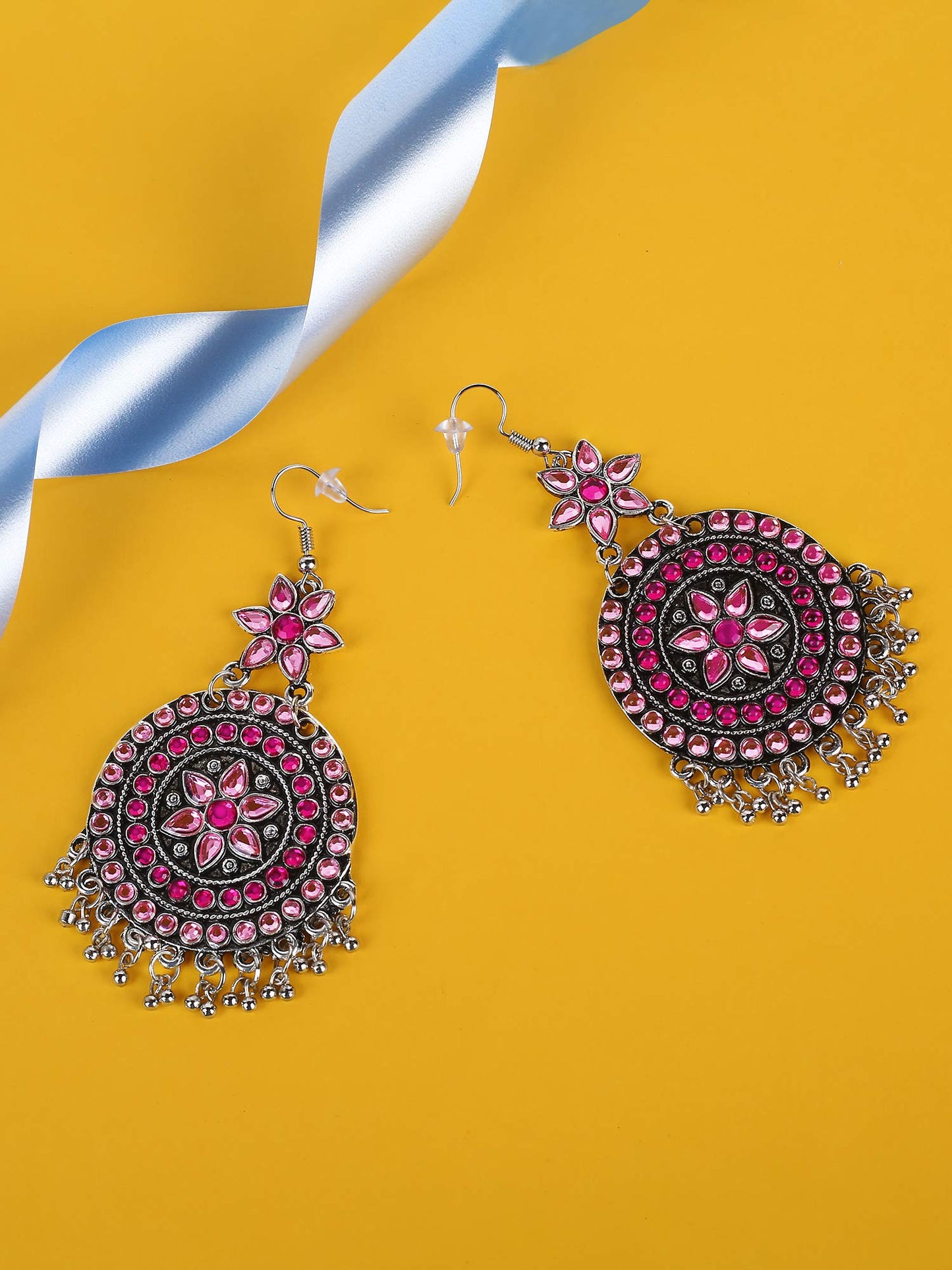 Yellow Chimes Afghani Looks Stylish German Silver/Oxidized Silver Chandbali Earrings for Women and Girls