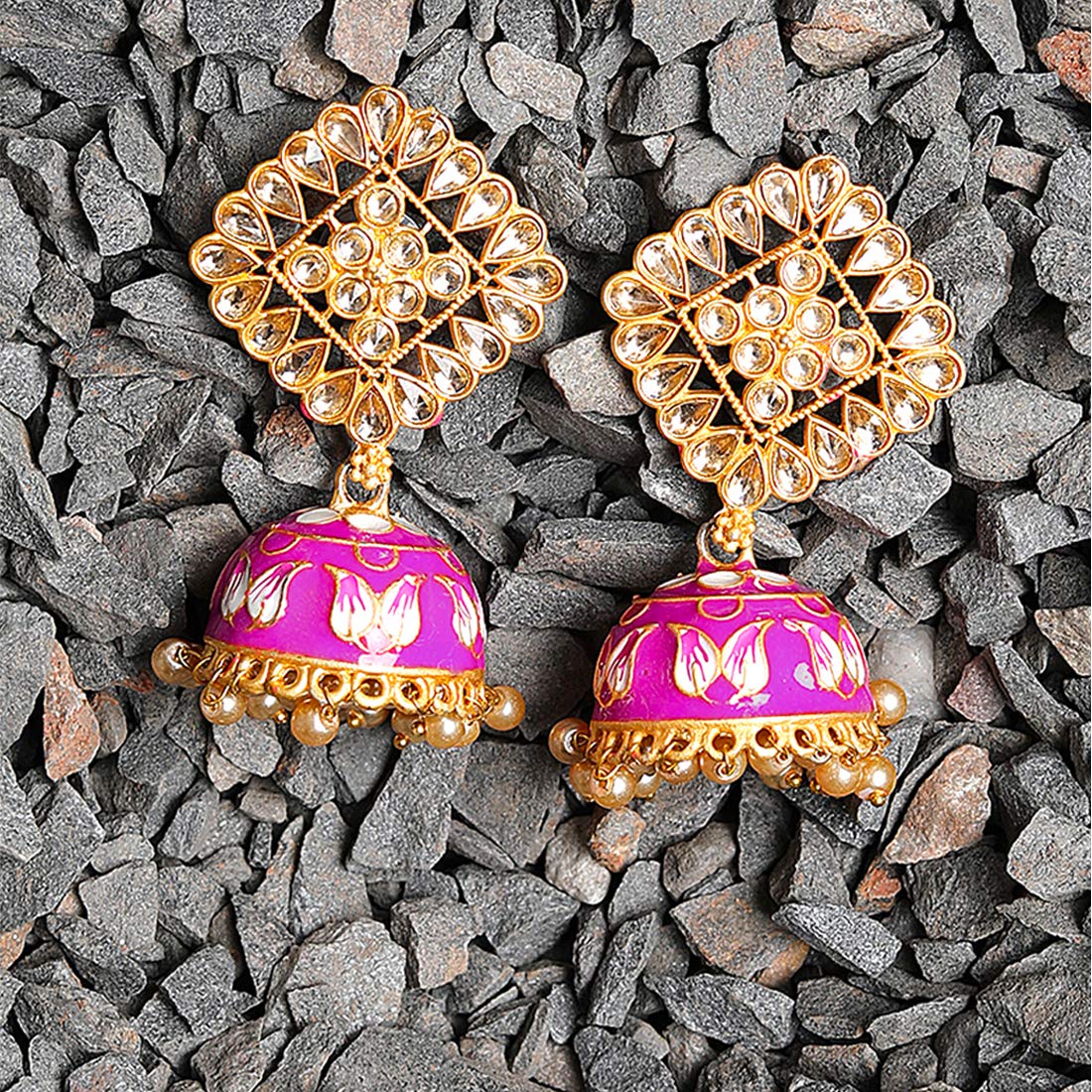 Yellow Chimes Traditional Gold Plated Pink Meenakari Kundan Studded Jhumki/Jhumka Earrings for Women and Girls, gold, pink, medium (YCTJER-393MKSQ-PK)