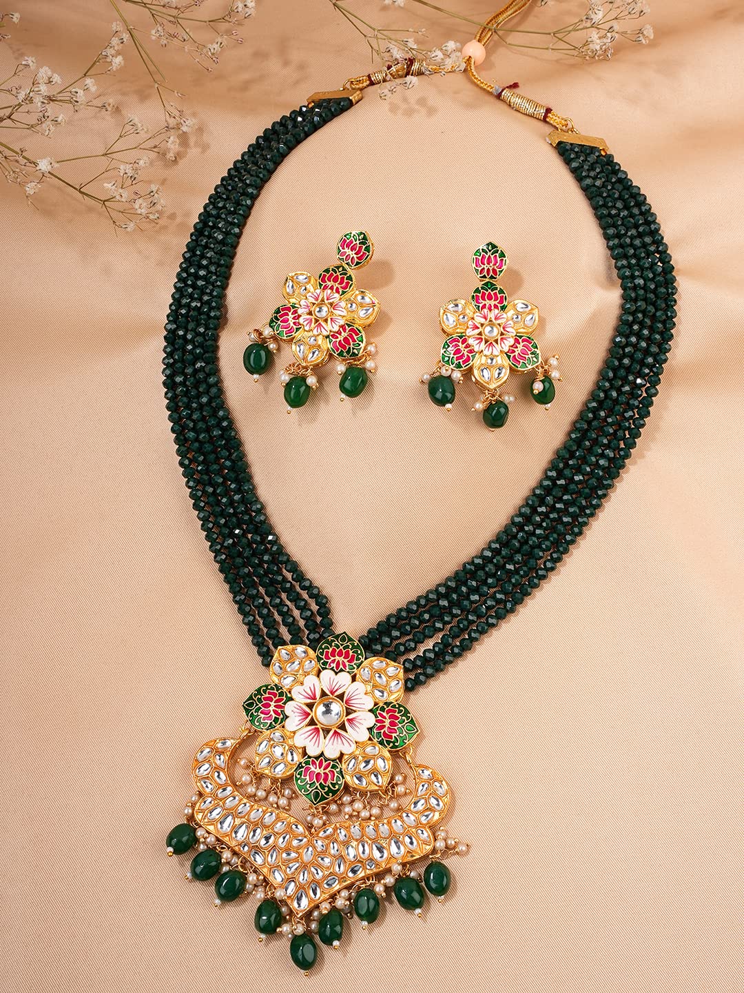Yellow Chimes Jewellery Set for Women Kundan Studded Gold Toned Meenakari Touch Charm Necklace Set with Earrings for Women and Girls