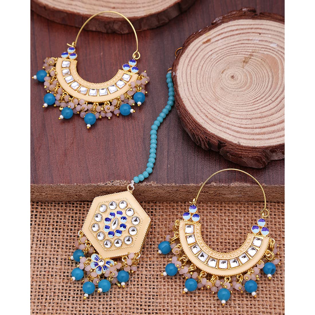 Yellow Chimes Ethnic Gold Plated Traditional Studded Stone Blue Beads Yellow Meenakari Chandbali Earrings with Maangtikka for Women and Girls, Medium, YCTJER-108CNDMGT-MYL