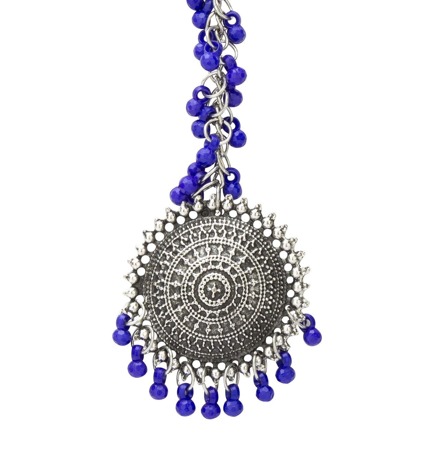 Yellow Chimes German Oxidised Silver Antique Traditional Maang Tikka with Earrings Jewellery Set for Women and Girls (Blue)