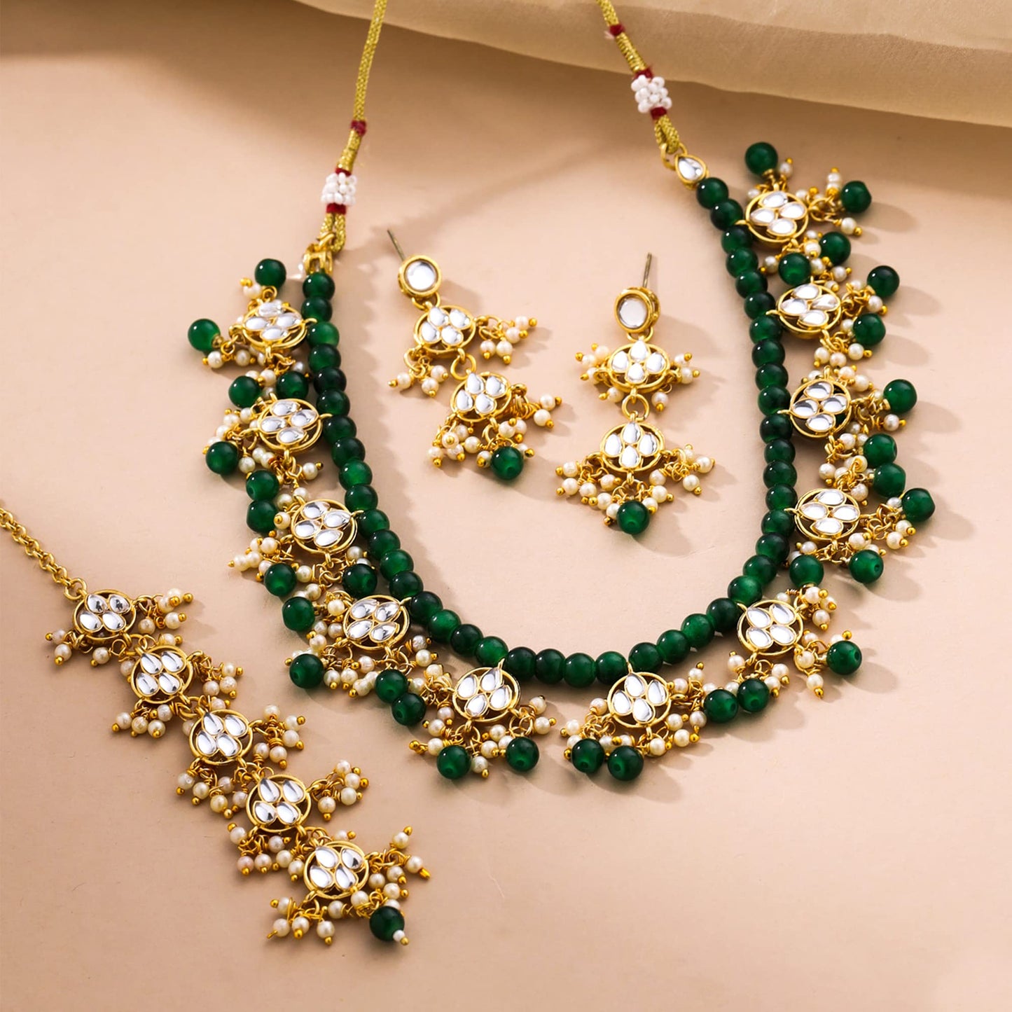 Yellow Chimes Jewellery Set for Women and Girls Kundan Necklace Set | Gold Plated Green Maroon Beads Drop Kundan Necklace Set | Birthday Gift for girls and women Anniversary Gift for Wife