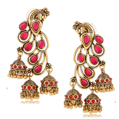Yellow Chimes Red Stones Peacock Inspired Latest Trend Festive Oxidized Golden Traditional Jhumkas Earrings for Women and Girls