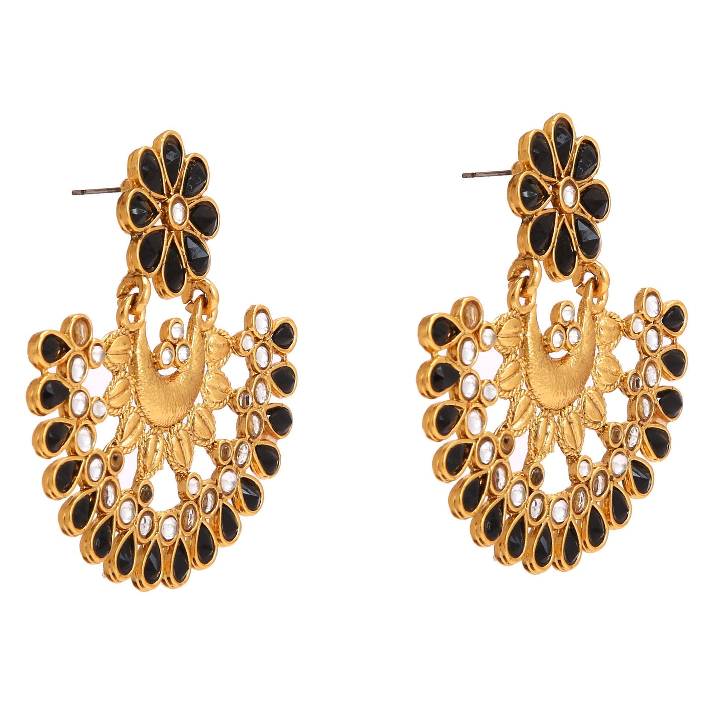 Yellow Chimes Ethnic Black Kundan Studded Traditional Gold Plated Chand Bali Earrings for Women and Girls