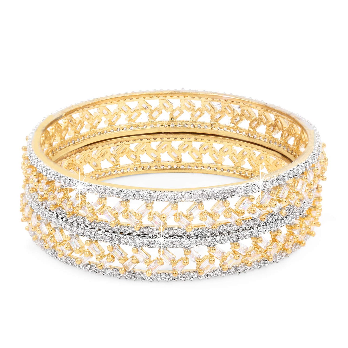 Yellow Chimes Classic Design Set of 2 Pcs White AD/American Diamond Studded 18k Gold Plated Handcrafted Bangles Set for Women & Girls (2.6)