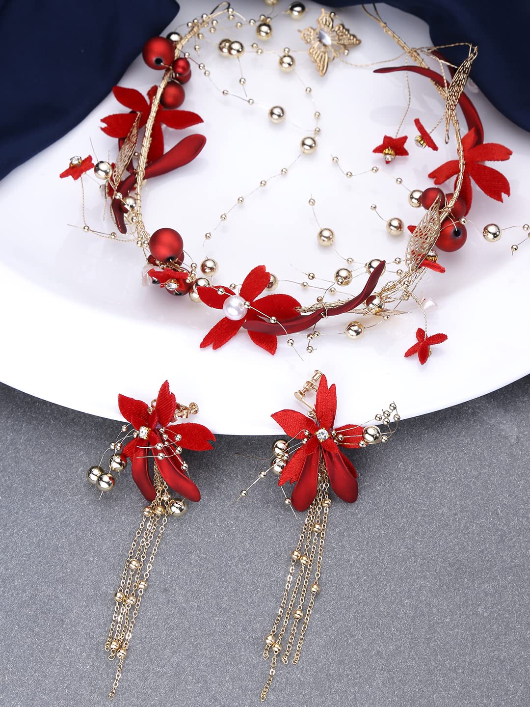 Yellow Chimes Hair Vines for Women Floral Hair Vine Red Hair Vine With Earrings Hair Accessories Wedding Jewellery for Girls and Women.