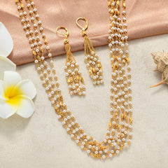 Yellow Chimes Golden Jewellery Set for Women White Pearl Multi-Layer Jewellery Gold Plated Traditional Long Chain Necklace Set for Women and Girls