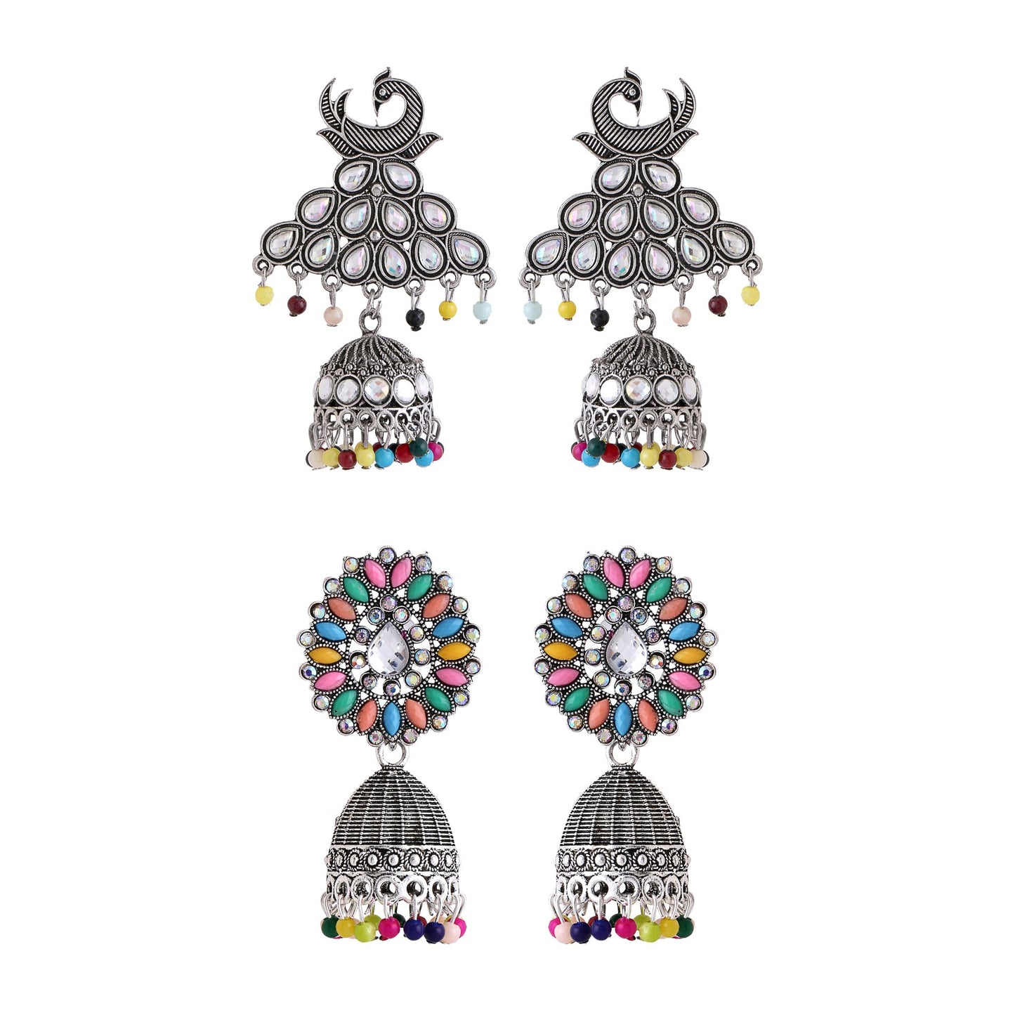 Yellow Chimes Earrings for Women and Girls Silver Oxidised Jhumka | 2 Pair combo of Kundan Studded Jhumki Earrings | Birthday Gift For girls and women Anniversary Gift for Wife