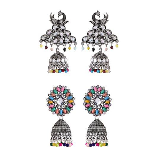 Yellow Chimes Earrings for Women and Girls Silver Oxidised Jhumka | 2 Pair combo of Kundan Studded Jhumki Earrings | Birthday Gift For girls and women Anniversary Gift for Wife