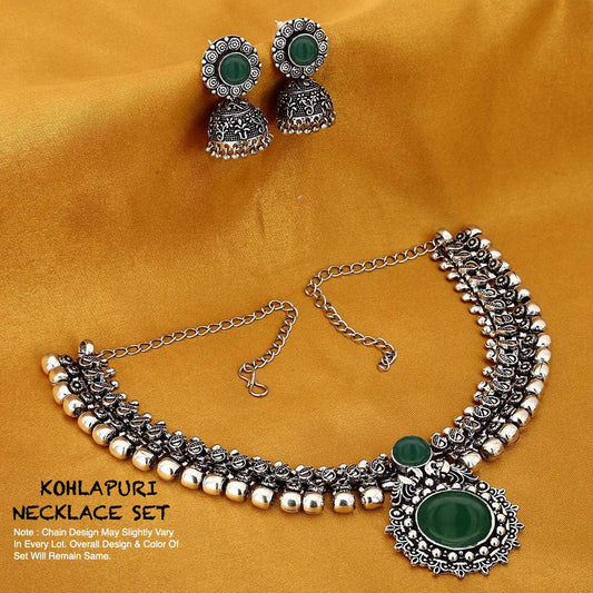 Yellow Chimes Jewellery Set for Women and Girls Traditional Silver Oxidised Jewellery Set Green Necklace Set for Women | Vintage Kolhapuri Stone Oxidized Necklace Set | Birthday Gift For Girls and Women Anniversary Gift for Wife