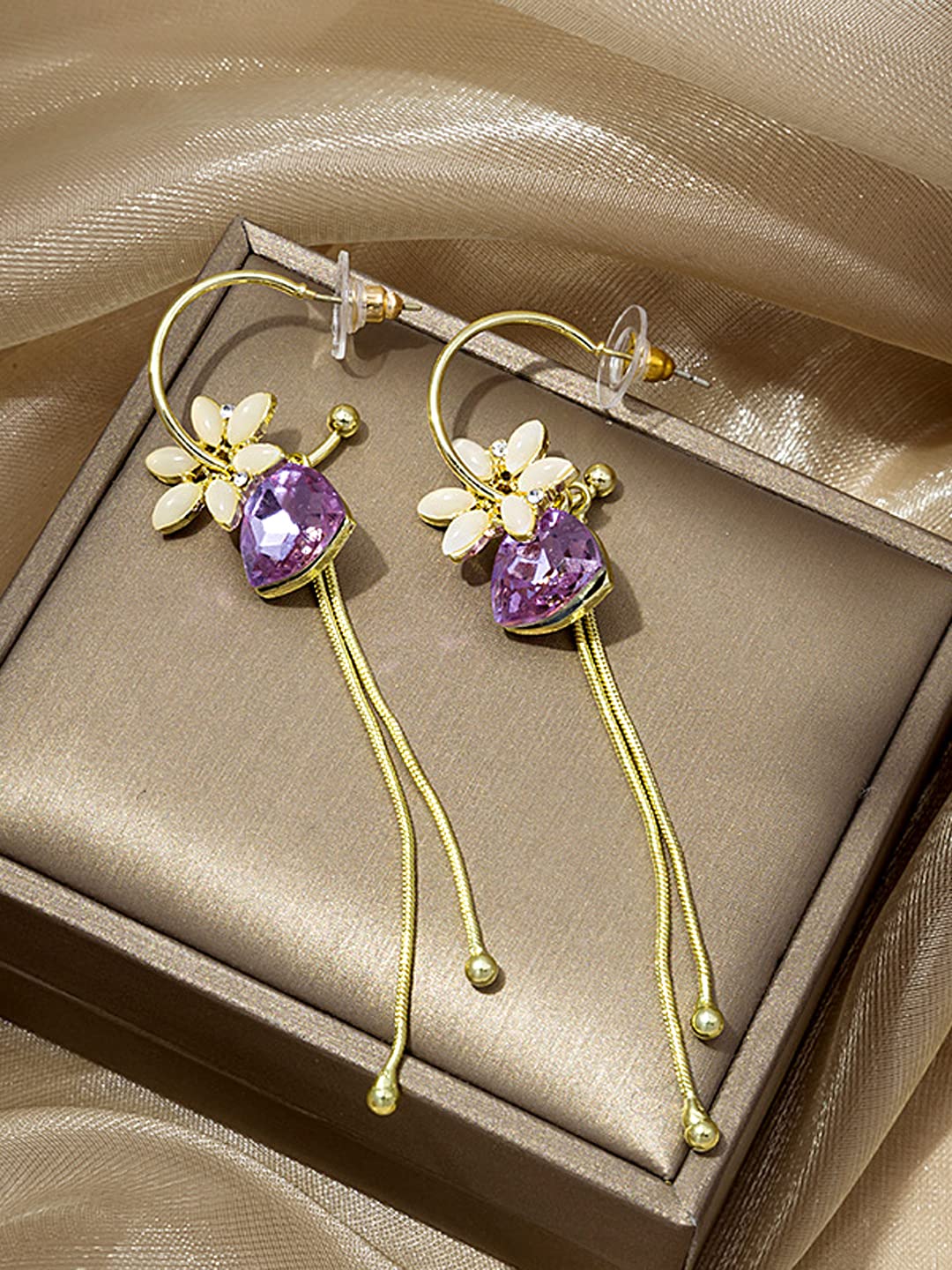 Yellow Chimes Earrings For Women Gold Tone Flower Designed Purple Crystal Long Chain Tassel Drop Dangler Earrings For Women and Girls