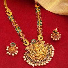 Yellow Chimes Women's Temple Traditional Gold Plated Long Haram Necklace Set Studded Stone Antique Jewellery Set