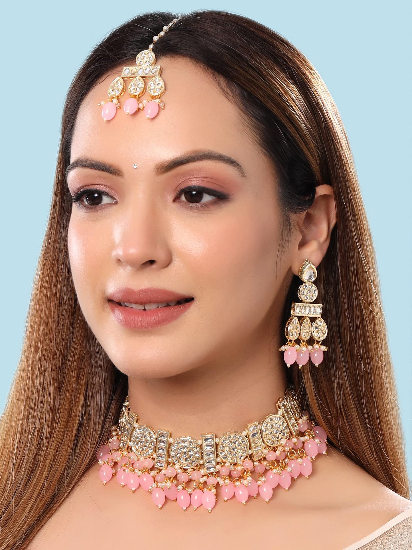 Yellow Chimes Jewellery Set for Women and Girls Kundan Necklace Set Gold Plated Kundan Studded Pink Beads Drop Choker Necklace Set | Birthday Gift for girls and women Anniversary Gift for Wife