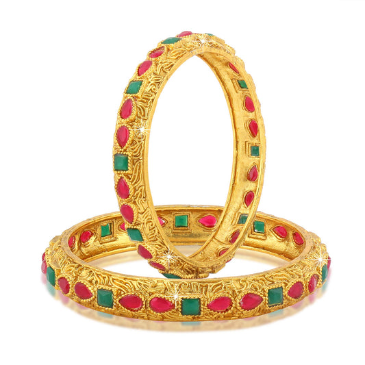 Yellow Chimes Classic Design Studded Stones 2 PCs Traditional Gold Plated Bracelet Bangles Set for Women and Girls (2.4)