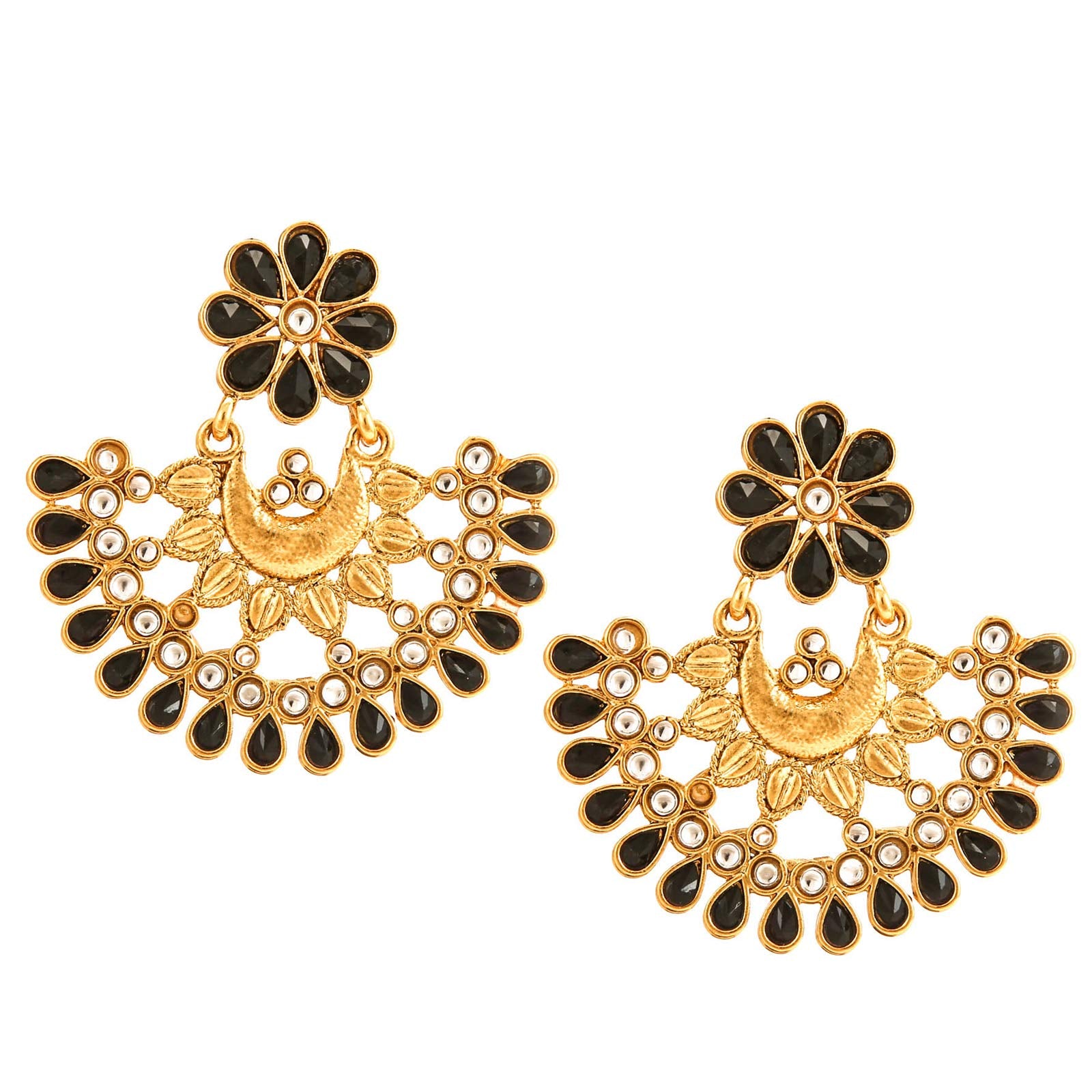 Yellow Chimes Ethnic Black Kundan Studded Traditional Gold Plated Chand Bali Earrings for Women and Girls