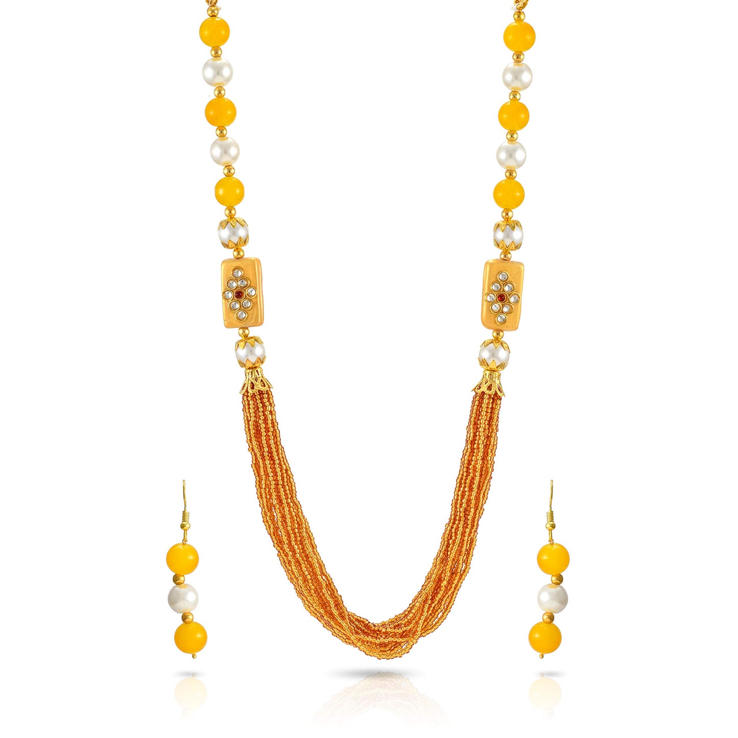 Yellow Chimes jewellery Set for Women Rajasthani Beads Worked 2 Pcs Combo MultiLayered Traditional Necklace Set With Earrings for Women and Girls (White,Gold)