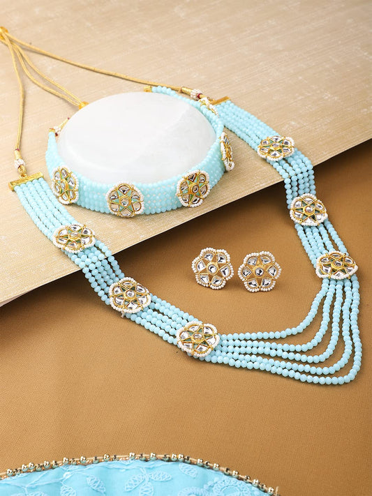 Yellow Chimes Traditional Jewellery Set for Women Ethnic Blue Kundan Beads Necklace Set Multilayer Long Necklace Set for Women and Girls.