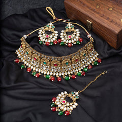 Yellow Chimes Jewellery Set For Women Kundan studded Heavy Choker Set With Dangler Earrings and Mangtikka For Women and Girls