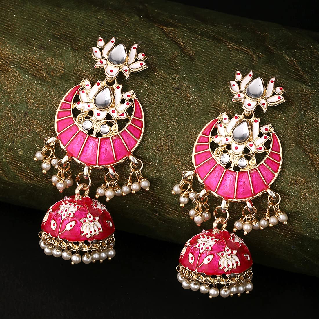 Yellow Chimes Jhumka Earrings for Women Gold Plated Traditional Pink Meenakari Lotus Chandbali Jhumka Earrings for Women and Girls