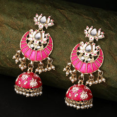 Kairangi Jhumka Earrings for Women Gold Plated Traditional Pink Meenakari Lotus Chandbali Jhumka Earrings for Women and Girls