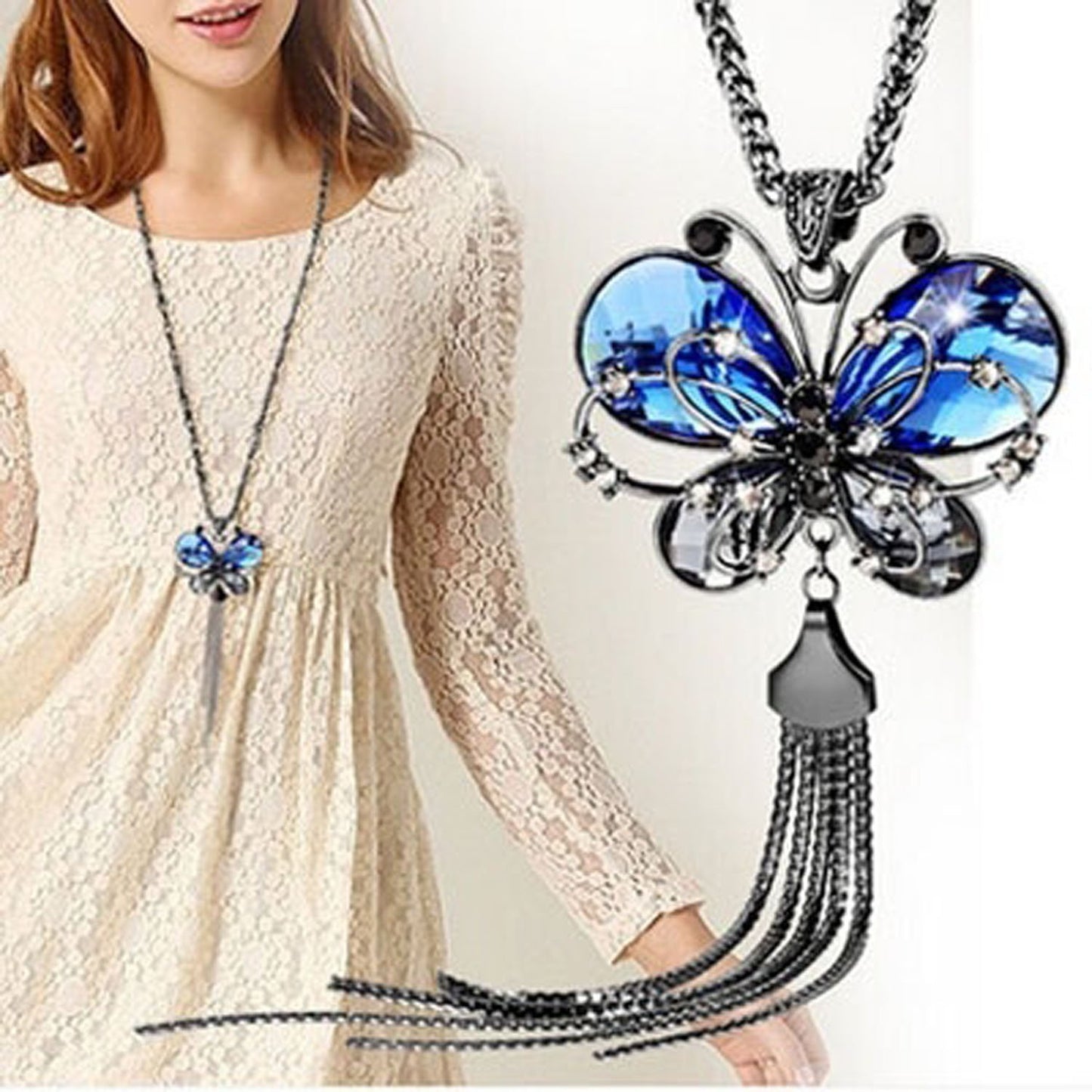 Yellow Chimes Long Chain Necklace for Women Butterfly Pendant Adorable Blue Crystal Chain Pendant Necklace for Women and Girls