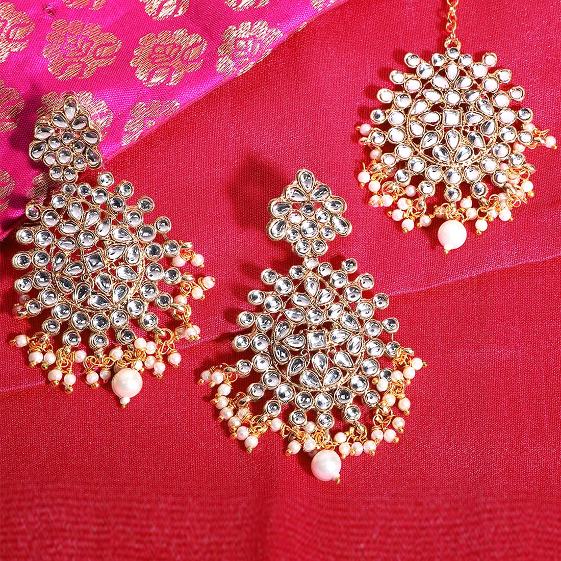 Yellow Chimes Kundan Jewellery Set for Women Gold Plated Kundan Earrings White Pearl Dangler Earrings With Maangtikka Set for Women and Girls.