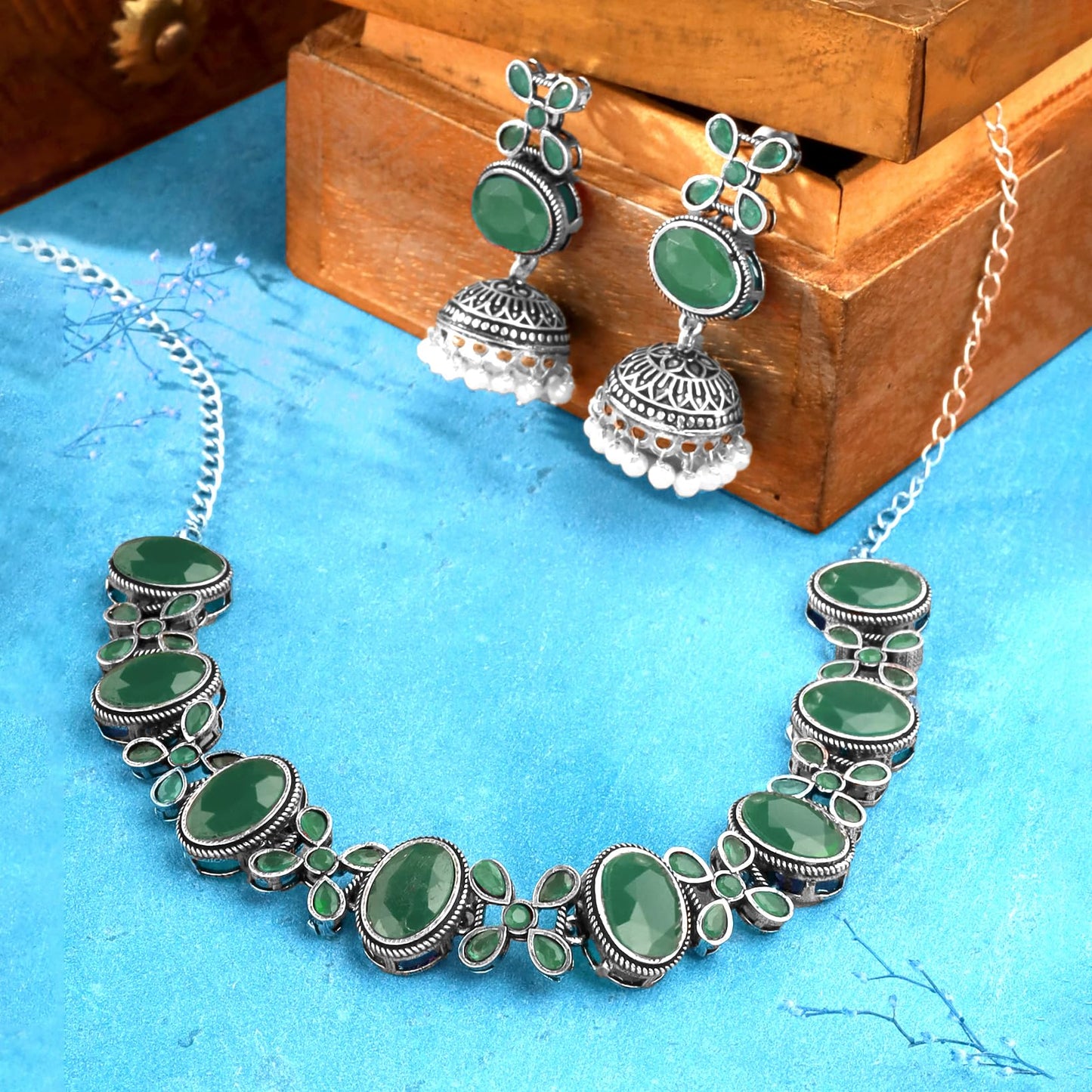 Yellow Chimes Necklace for Women and Girls Silver Oxidised Necklace for Women | Stone Studded Oxidised Silver Choker Necklace for women | Birthday Gift for girls and women Anniversary Gift for Wife