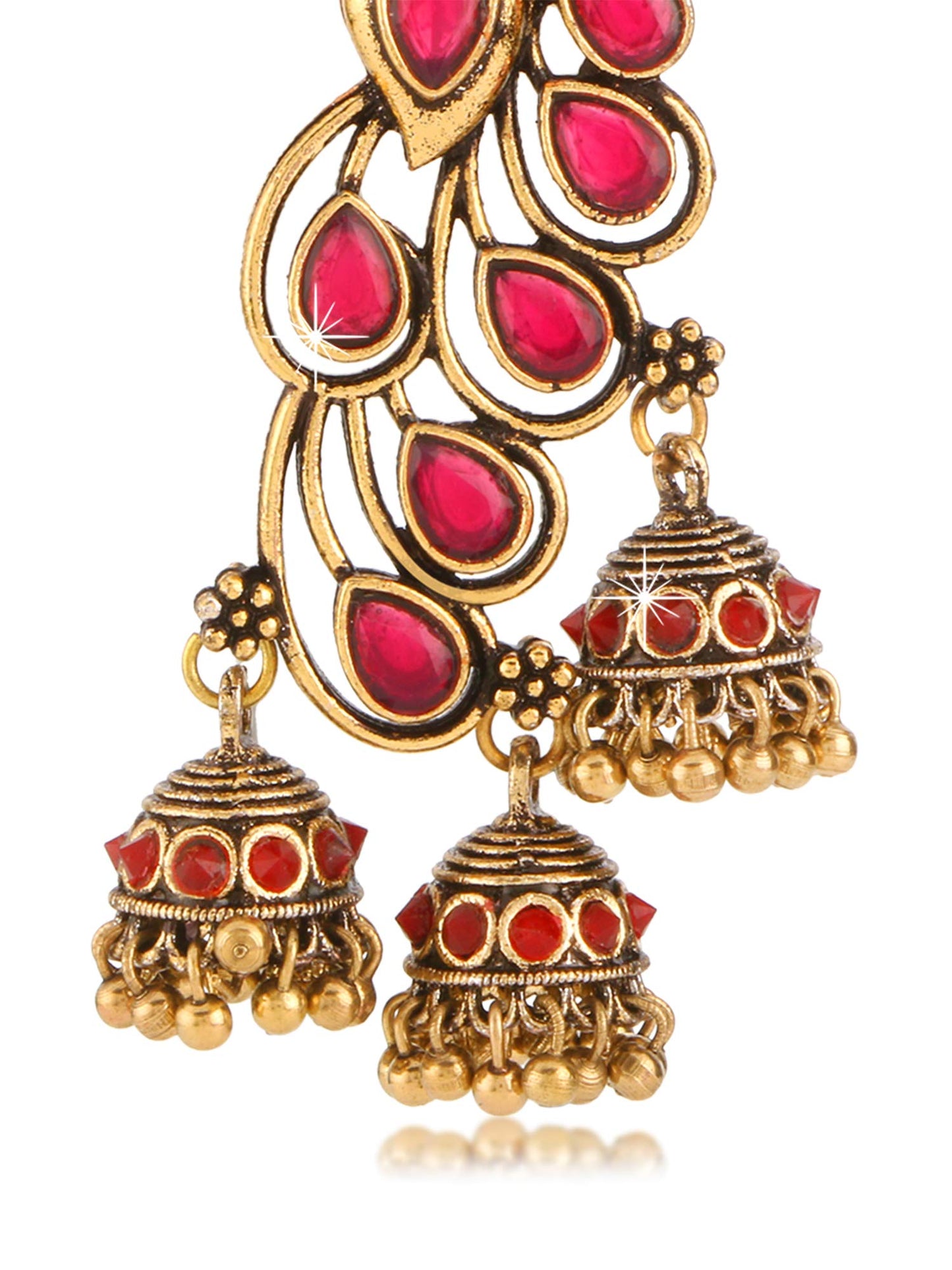 Yellow Chimes Red Stones Peacock Inspired Latest Trend Festive Oxidized Golden Traditional Jhumkas Earrings for Women and Girls