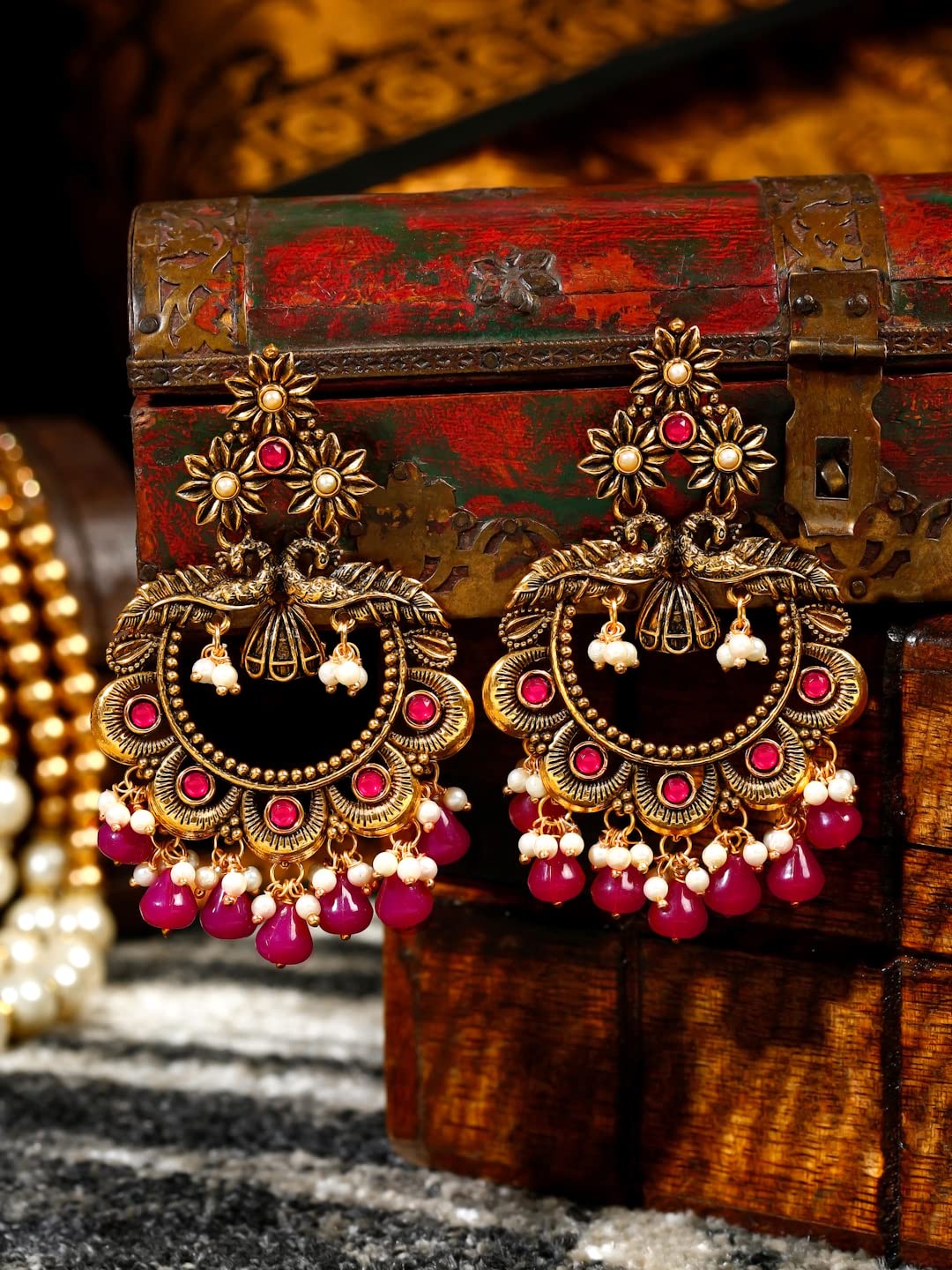 Yellow Chimes Earrings for Women Oxidised Gold Plated Peacock Designed Crystal studded Beads Drop Chandbali Drop Earrings for Women and Girls (ER 3)