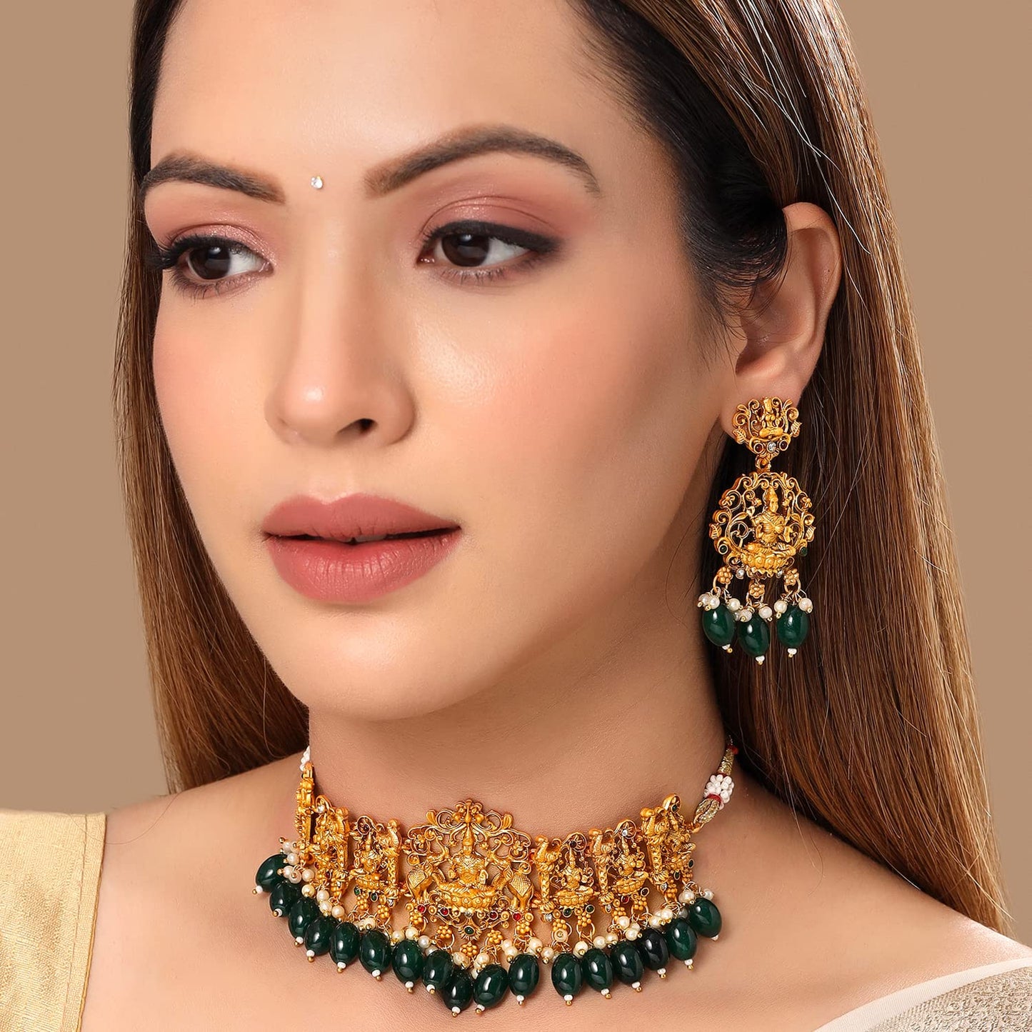 Yellow Chimes Jewellery Set for Women and Girls Temple Jewellery Set for Women | Gold Plated Green Beads Drop Choker Necklace Set | Birthday Gift for girls and women Anniversary Gift for Wife