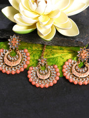 Yellow Chimes Ethnic Gold Plated Traditional Studded Kundan Peach Pearl Chandbali Earrings with Maangtikka for Women and Girls, Medium (YCTJER-07FLWBDS-PCH)