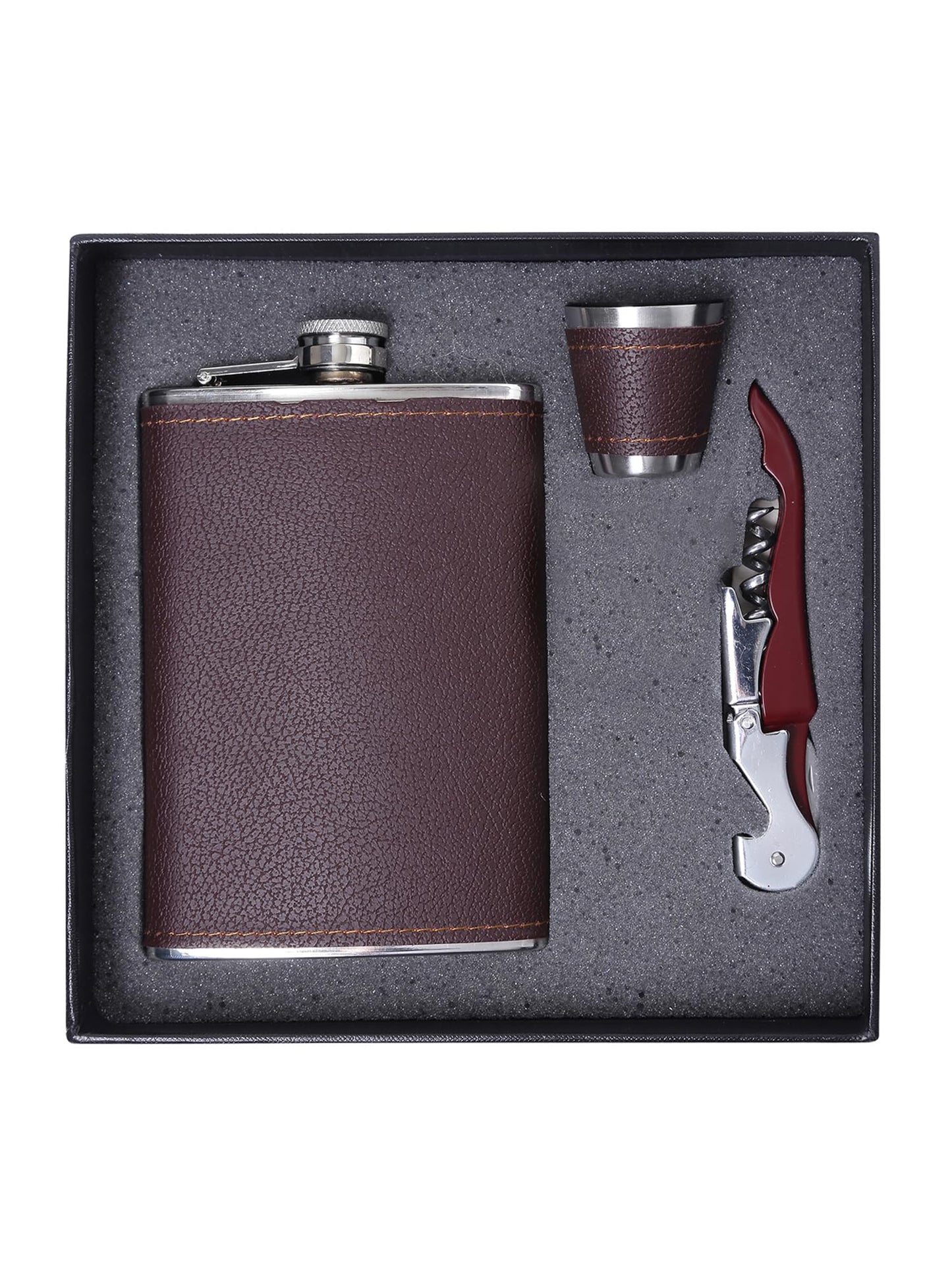 Yellow Chimes Exquisite Men Gifiting Set Hip Flask Gift Set Cork Opener with Brown Leather Cover,Hip Flask for Liquor for Men in a Gift Box