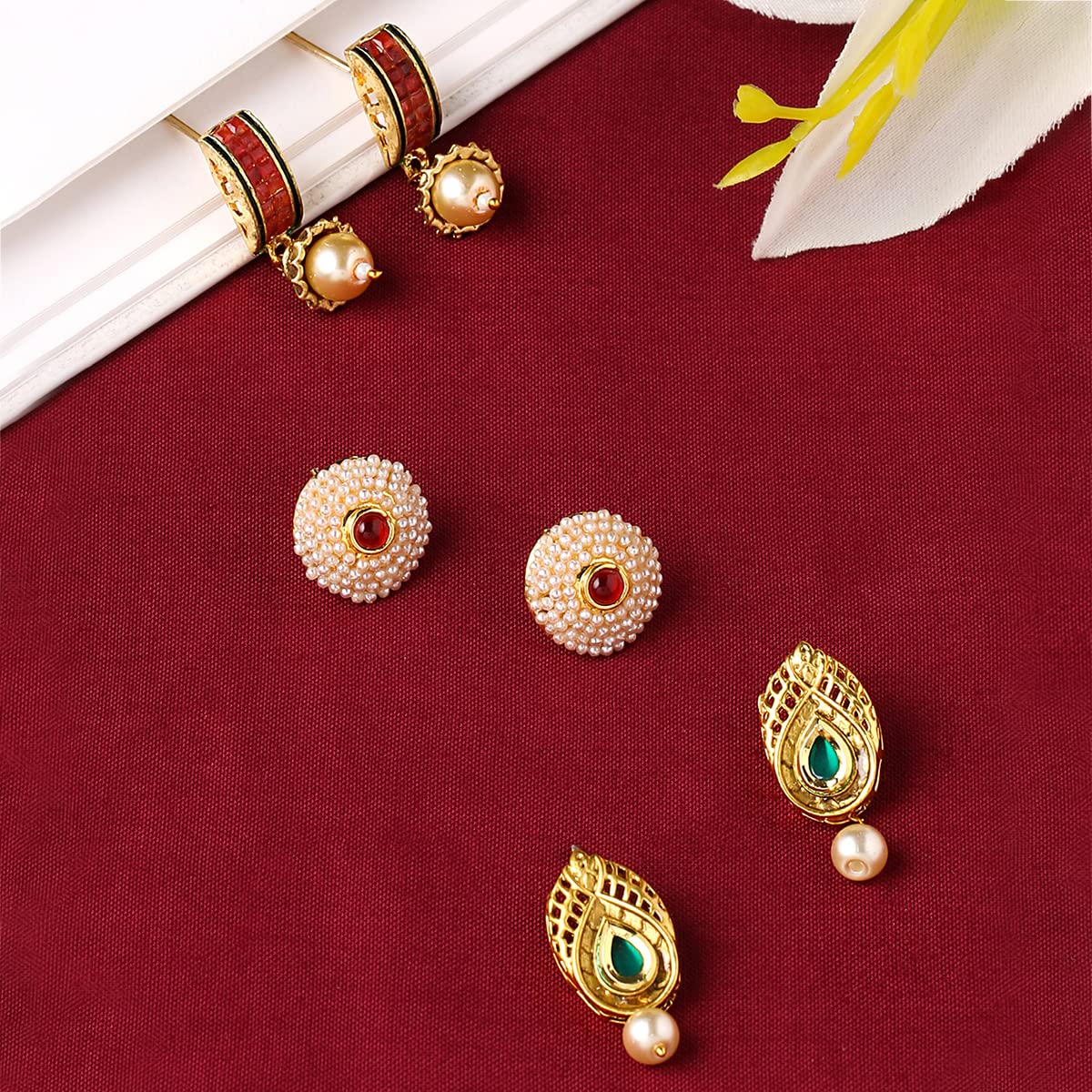 Yellow Chimes Earrings for Women and Girls Pearl Stud Earrings | Gold Plated 3 Pairs Combo of Pearl Earrings | Birthday Gift for girls and women Anniversary Gift for Wife