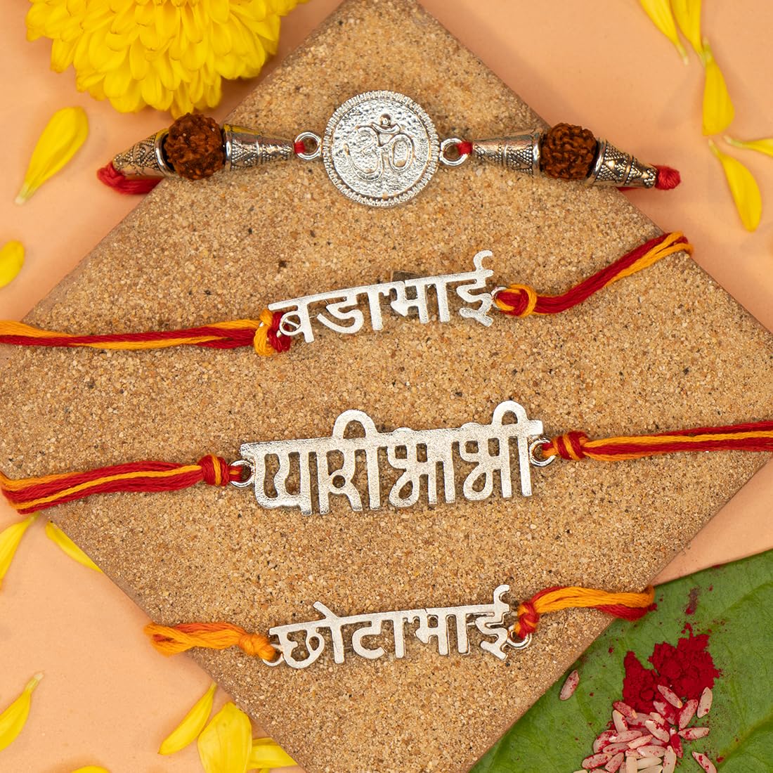 Yellow Chimes Rakhi for Brother | Combo of 4 Rakhi Set for Brother | Traditional Silver Plated Rakhi Set for Brother and Sister| Rakhi with Roli, Chawal and Greeting Card
