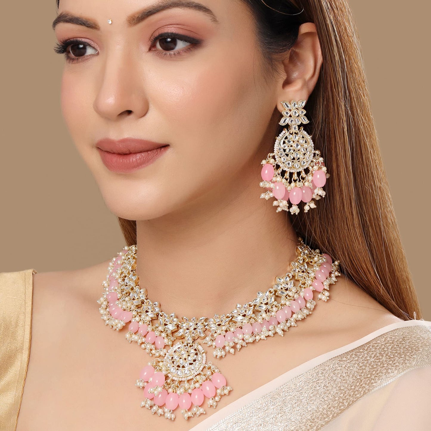 Yellow Chimes Jewellery Set for Women and Girls Kundan Necklace Set Gold Plated Kundan Studded Pink Beads Drop Choker Necklace Set | Birthday Gift for girls and women Anniversary Gift for Wife