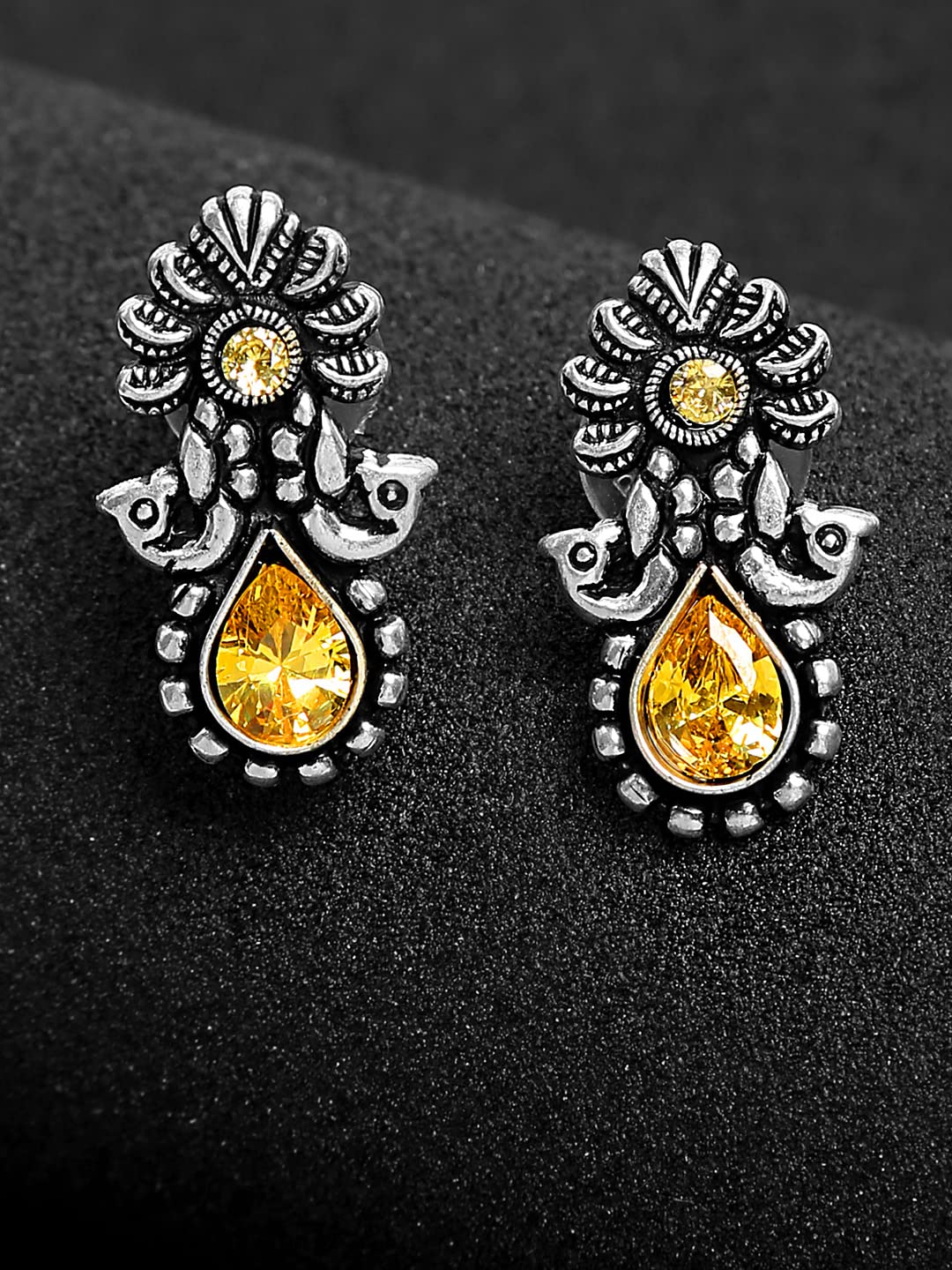 Yellow Chimes Silver Oxidised Stud Earrings For Women Yellow Stone-Studded Kolhapuri Stud Earrings For Women & Girls