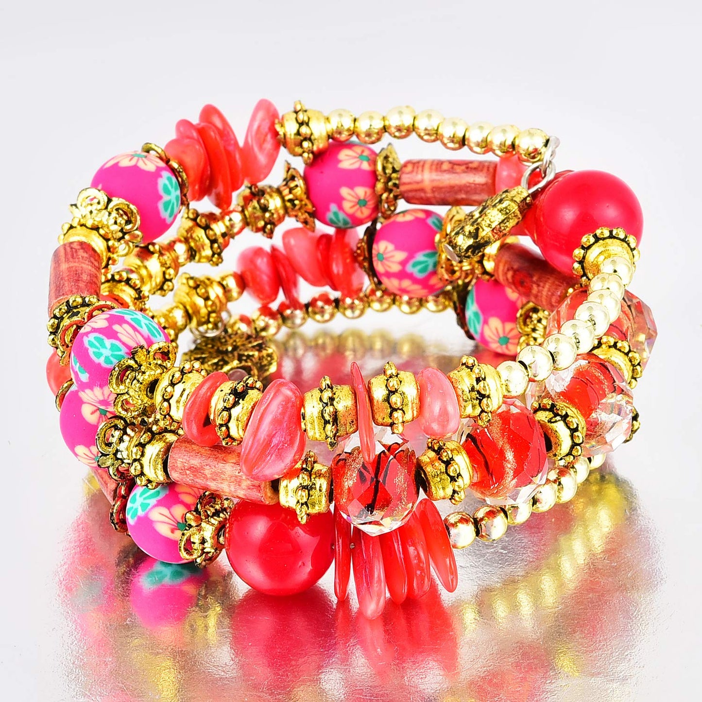 Yellow Chimes Bohemian Beads Wrap Charm Pink Gold Bracelet For Women And Girls.