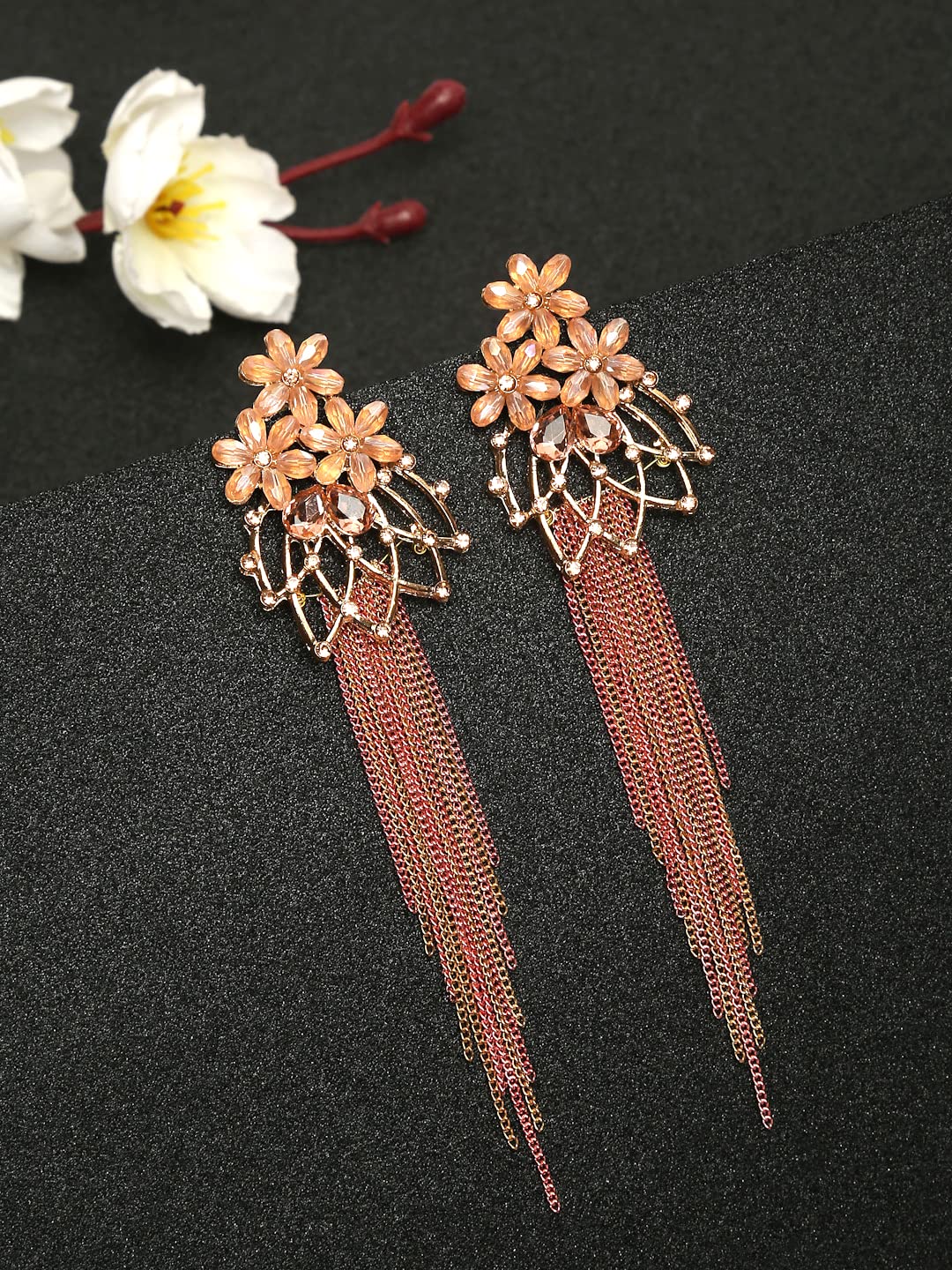 Yellow Chimes Crystal Danglers Earrings for Women Floral Shaped Crystal Peach Long Chain Dangler Earrings for Women and Girls