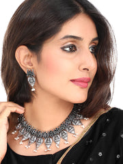 Yellow Chimes Ethnic German Silver Oxidised Black studded stones White pearl moti Design Lakshmi Choker Necklace Set with Earrings Traditional Jewellery Set for Women and Girls, Medium