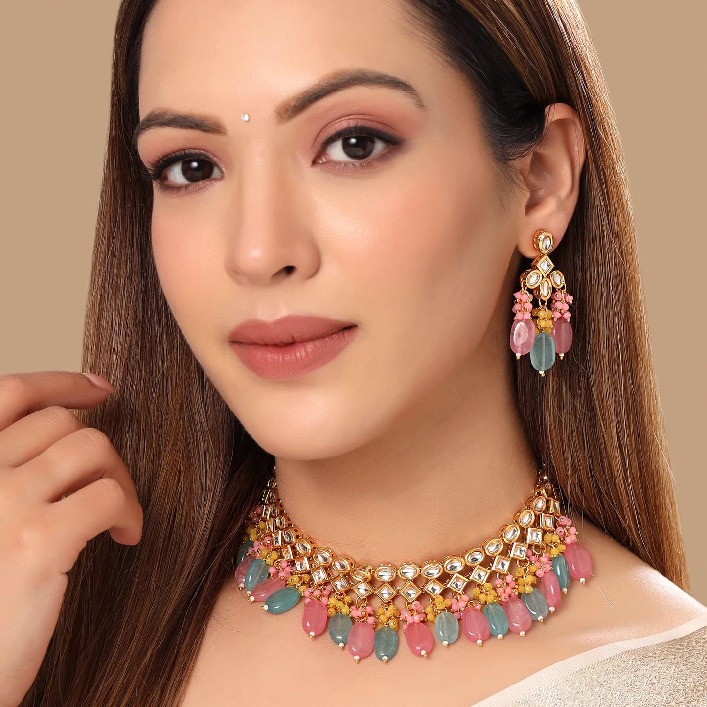 Yellow Chimes Jewellery Set for Women and Girls Kundan Necklace Set Gold Plated Kundan Studded Multicolor Beads Drop Choker Necklace Set | Birthday Gift for girls and women Anniversary Gift for Wife