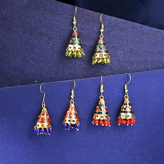 Yellow Chimes Craftsmanship Work Meenakari Handcrafted Jaipur Rajasthani Style Traditional Gold Plated Multicolour Jhumka/Jhumki Earrings for Women - Combo of 3 Pair