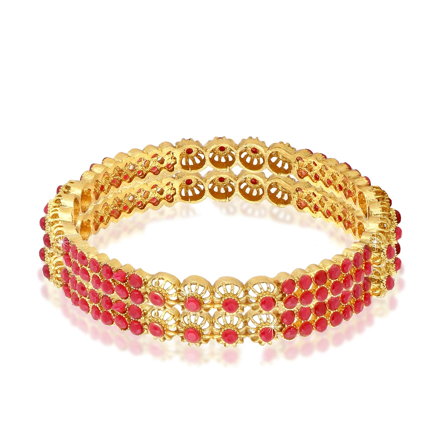 Yellow Chimes Designer Ruby Stones 2 PC Bangle Set Traditional Gold Plated Bangles for Women and Girls (2.6)