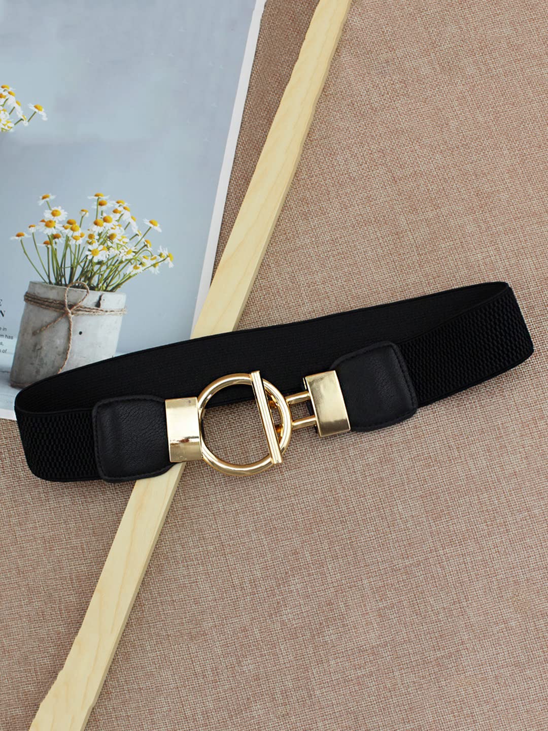 Yellow Chimes Waist Belt for Women Kamarband Black Retro Elastic Stretchy Metal Buckle Kamarband Waist Belt for Women and Girls