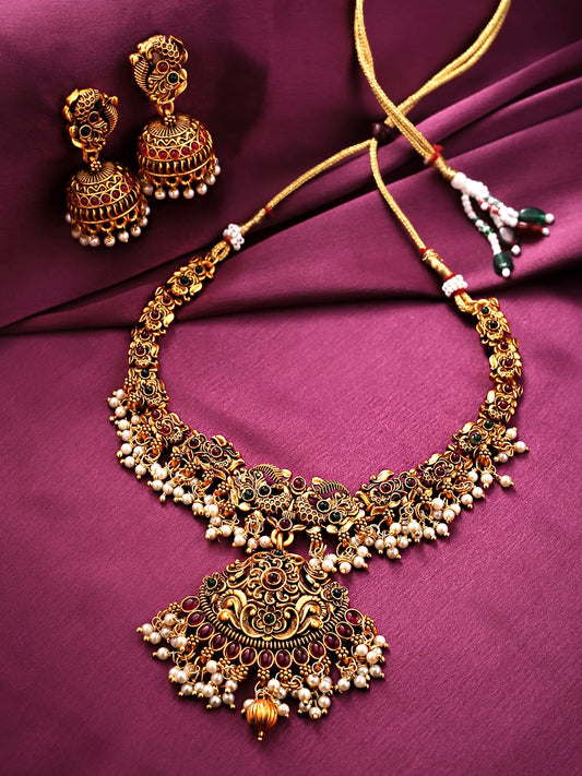 Yellow Chimes Necklace Set For Women And Girls Traditional Jewellery set for women Gold-Plated Temple Necklace Set Stone-Studded Necklace Set For Women & Girls