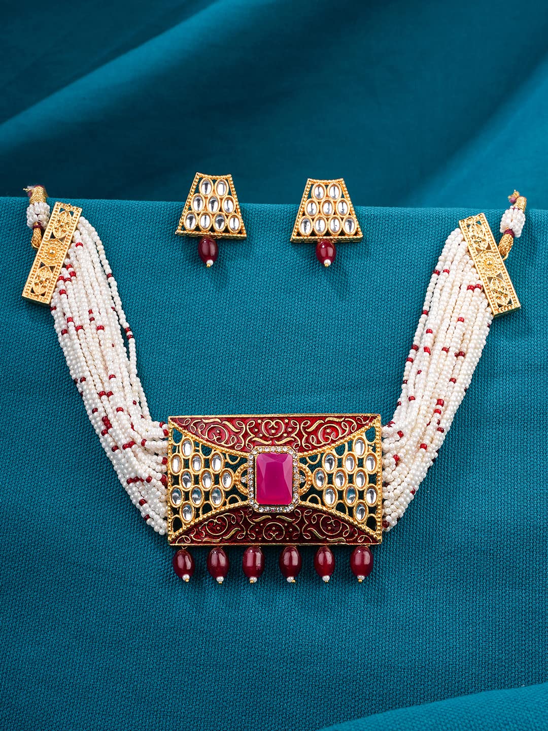 Yellow Chimes Jewellery Set for Women Gold Toned Kundan and Crystal Studded Pearl Drop with Beads Red Meeanakari Touch Choker Necklace Set with Earrings for Women and Girls