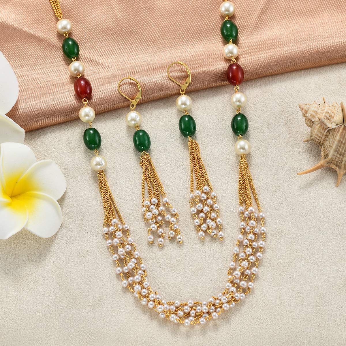 Yellow Chimes Ganthan Moti Multilayer Beads Gold Plated Traditional Long Necklace Set with Earrings Jewellery Set for Women and Girls