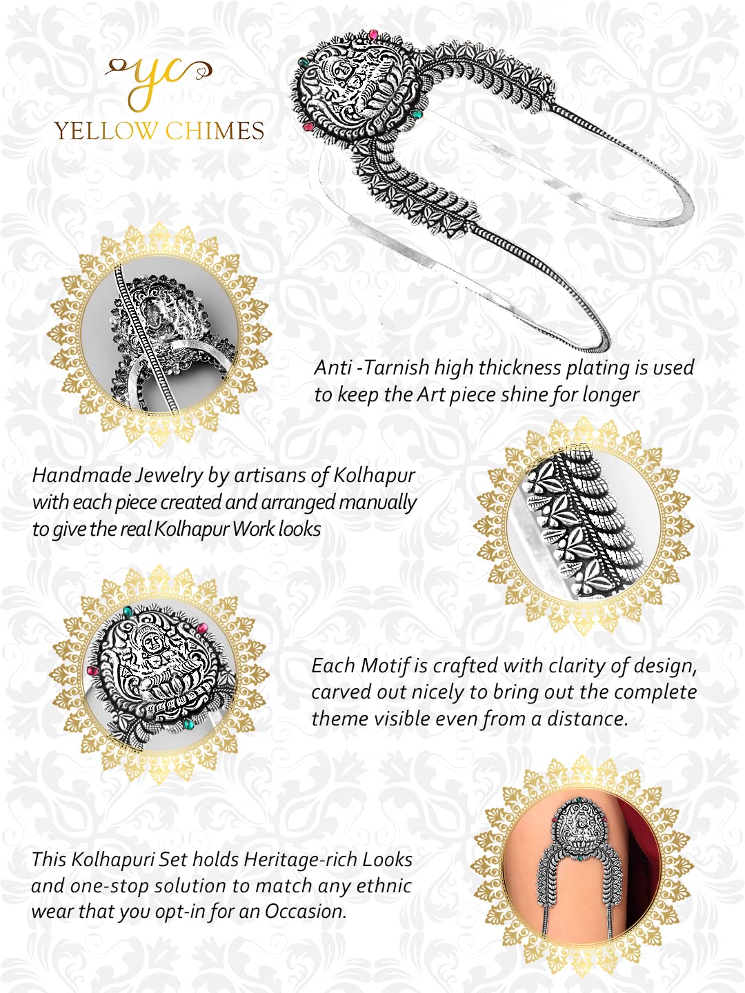 Yellow Chimes Oxidised Bajubandh for Women Silver Oxidised Armlets Authentic Kolhapuri Worked Bajubandh for Women and Girls